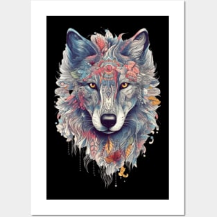 Colorful Wolf With Flowers Posters and Art